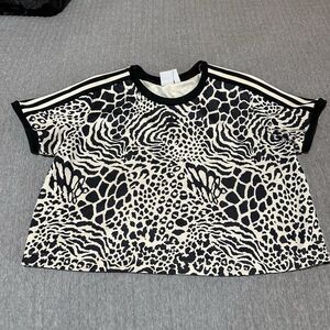 adidas Black and Cream Animal-Print Crop Top with Three Stripes